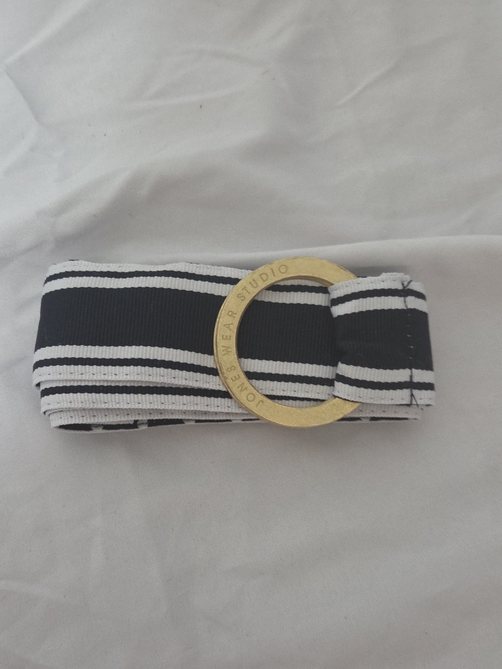 Striped Navy Blue & White Adjustable Belt Gold Slide Buckle, Waist Size 28-42